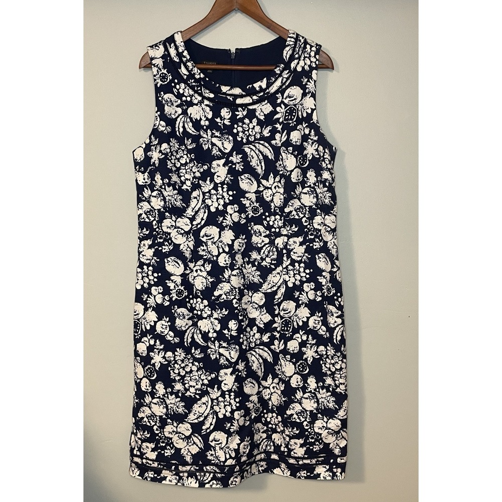 Talbots 14 Blue White Cotton Dress Fruit Print Embroidered Trim Textured Coastal